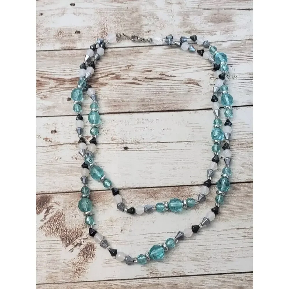 Vintage Necklace Double Strand Beaded Necklace - Blue Tones